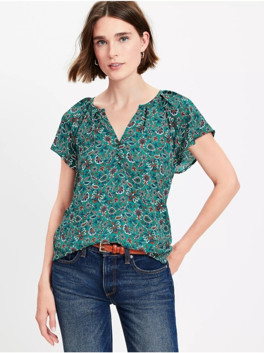 LOFT Floral Flutter Sleeve Mixed Media Top S